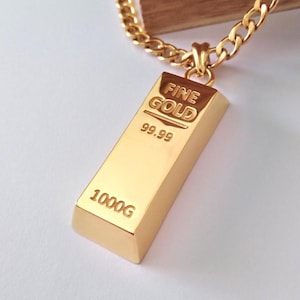 Yellow Gold Bar Element Pendant | Men's Gold Brick Pendant | Gold Bullion Pendant | Women Bar of Gold Necklace | Yellow Gold Ignot Pendant