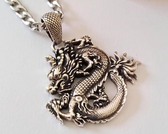 Oxidized Silver 925 Chineze Dragon Pendant | Handcrafted Aged Sterling Silver Dragon Necklace | Men's Handcrafted Dragon Pendant | Dragon