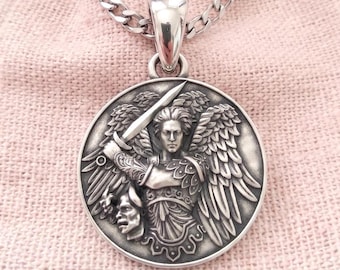 Oxidized Silver 925 St Michael Archangel Pendant | Protection Amulet Jewelry | Patron Saint Defender Medal Necklace | Guardian Angel Pendant