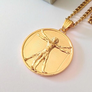Yellow Gold Vitruvian Man Pendant | Handcrafted Sterling Silver Vitruvian Man Necklace | Unisex Sterling Silver Vitruvian Man Pendant