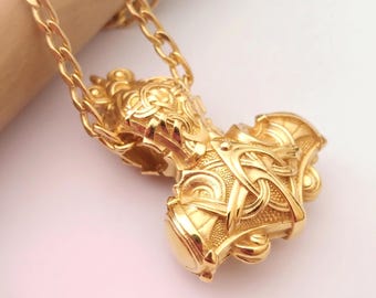 Yellow Gold Plated Mjolnir Pendant | Norse Viking Jewelry for Men | Detailed Silver 925 Mjolnir Pendant | Norse Mythology Thor Viking Hammer