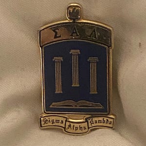 May include: A gold-toned pin with a blue center featuring three columns and an open book. The top banner reads "Σ A Λ" and the bottom banner reads "Sigma Alpha Lambda".