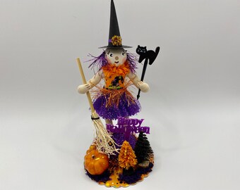 WITCH Halloween spun cotton / spun head Purple haired witch in PURPLE & ORANGE w/cat vintage style spun cotton witch 6” figure / vignette