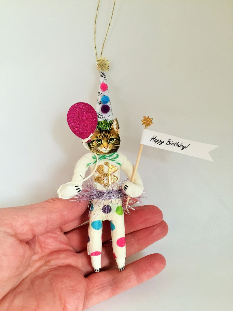 Brown Tabby CAT HAPPY BIRTHDAY spun cotton cat vintage style spun cotton boy wballoon 6.5 ornament