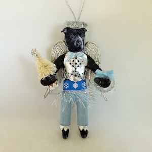Pitbull Terrier ANGEL Christmas spun cotton blue angel BOY dog figure vintage style 5.5&quot; ORNAMENT