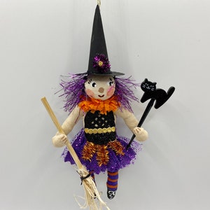 WITCH Halloween spun cotton / spun head Purple haired witch w/cat & broom vintage style spun cotton witch 6” ornament