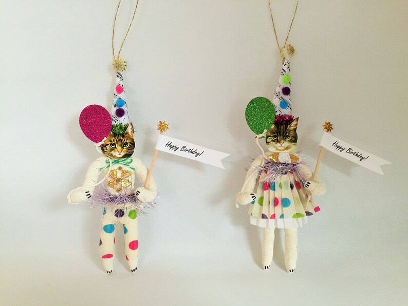 Brown Tabby CAT HAPPY BIRTHDAY spun cotton cat vintage style spun cotton boy wballoon 6.5 ornament