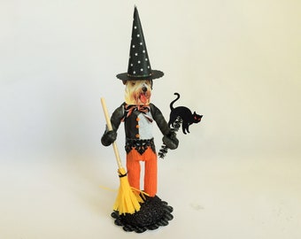 Wheaten Terrier HALLOWEEN WITCH spun cotton boy w/black cat vintage style spun cotton DOG 6" figure