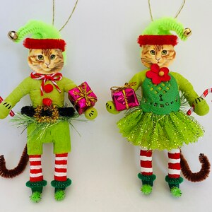 Red Tabby Cat CHRISTMAS ELF in lime green/red spun cotton boy & girl elves vintage style spun cotton CAT 4.5&quot; ornament(s)