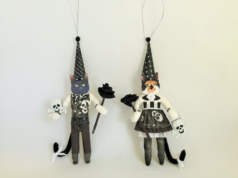 Calico Cat HALLOWEEN wSKULLS spun cotton girl vintage style CAT 6 ornament