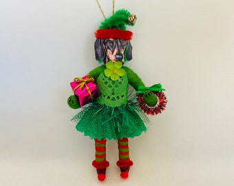 Dachshund CHRISTMAS ELF in green/red spun cotton boy & girl elves vintage style spun cotton DOG 4.5" ornament(s)