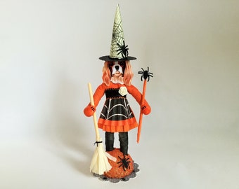 Cavalier King Charles Spaniel HALLOWEEN WITCH spun cotton w/spiders vintage style spun cotton DOG 6" figure