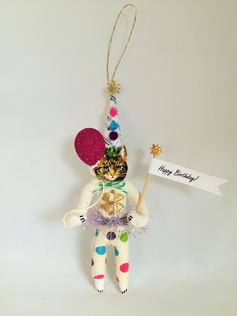 Brown Tabby CAT HAPPY BIRTHDAY spun cotton cat vintage style spun cotton boy wballoon 6.5 ornament