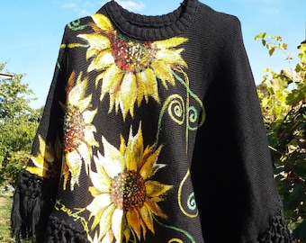 Women Poncho, Hand Painted Sunflower Poncho, Women Ponchos, Sunflower Poncho, Wool Poncho, Floral Poncho, Womens Clothing, Poncho Sunflowers