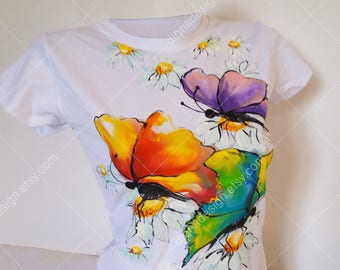 Hand Painted Tshirt, Butterflies T-shirt, BUTTERFLIES Top, Hanpainted TSHIRT, Summer Hand Painted  Butterfly T Shirt, Woman's t shirt