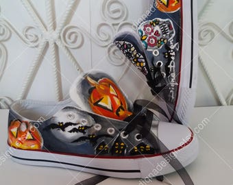 Handpainted Pumpkin Halloween Shoes, Halloween Sneakers, Sugar Skull Halloween Shoes, Hand painted Halloween Skeaners, Pumpkin Sneakers Art