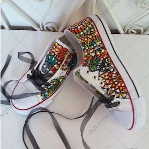 Schedel Sneakers suiker, met de Hand geschilderde Sneakers Mandala schoenen, handbeschilderd Sugarskull schoeisel, Boho Sneakers, Mandala schedel schoenen, Boho schoenen