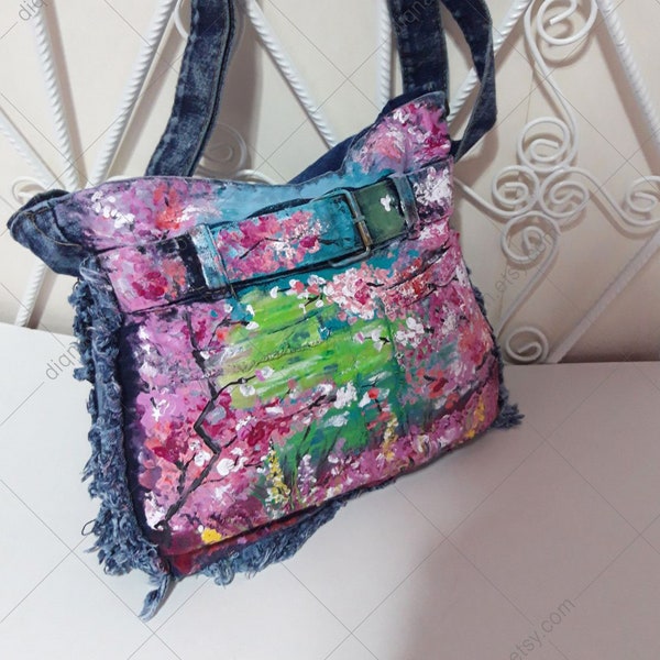 Handbemalte Tasche, Sakura Tasche, Kirschblüten Tasche, Sakura Kunst, Jean Schultertasche, von Hand bemalt Tasche, Sakura Jean Bag