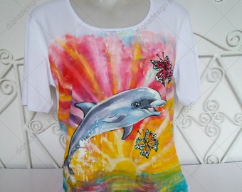 Handmålad delfin-t-shirt: Topp med havskonst