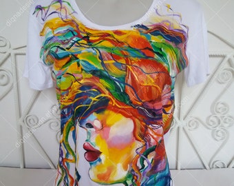 Custom Tshirt, Pop Art T-shirt, Art Clothing, Handpainted Shirt, Hand Painted T Shirt, Tshirt with a Woman, Colorful Art, Colorful Hair Top