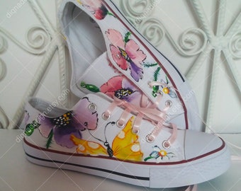 Handgeschilderde poppies-sneakers: bloemenkunstschoenen