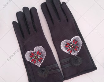 Handbemalte Wildleder Winterhandschuhe: Gesticktes Herz Design