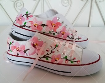 Cherry Blossoms Sneakers, Hand Painted Sakura Shoes, Japanese Sakura Art, Cherry Blossoms Art, Handpainted Sneakers, Japanese Style Shoes