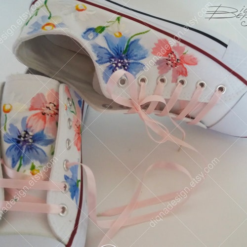 Handpainted Sneakers, Cornflower Sneakers, Blue Pink Cornflower, shops Cornflower Shoes, Blue Pink Flower Shoes, Painted Footwear, Cornflower Art