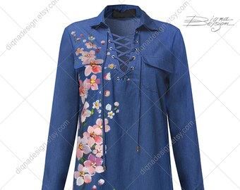 Hand-Painted Cherry Blossom Denim Tunic Dress