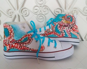 Hand-Painted Octopus Hi-Top Sneakers: Ocean Art Footwear