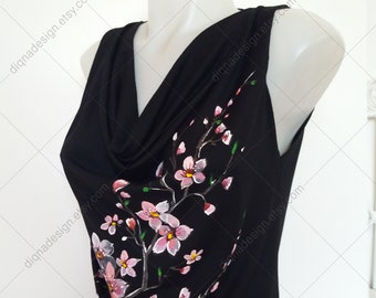 Hand Painted Sakura Top, Japanese Sakura Art, Cherry Blossoms Top, Handpainted Blouse, Feminine Top, Sakura Shirt, Sakura Art, Spring Top