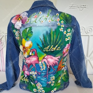 Tropical Jean Jacket, Hand Painted Jacket, Flamingo Jacket, Handpainted Aloha Jacket, Jean Jacket, Tropical Jacket, Tropical Flamingo Jacket