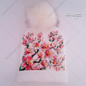 Czapka zimowa Sakura, kapelusz kwitnącej wiśni, ręcznie malowany kapelusz, japoński kapelusz Sakura, sztuka kapelusza Sakura, sztuka Hanami, ręcznie malowana czapka zimowa