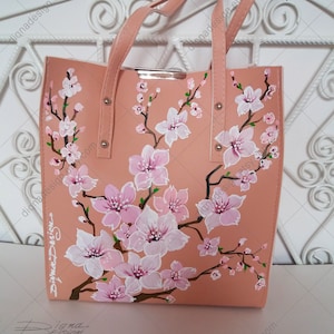 手描きバッグ、桜バッグ、フェミニンバッグ、手描きコーラルピンクハンドバッグ、桜バッグ、桜ショルダーバッグ、コーラルバッグ、桜アート