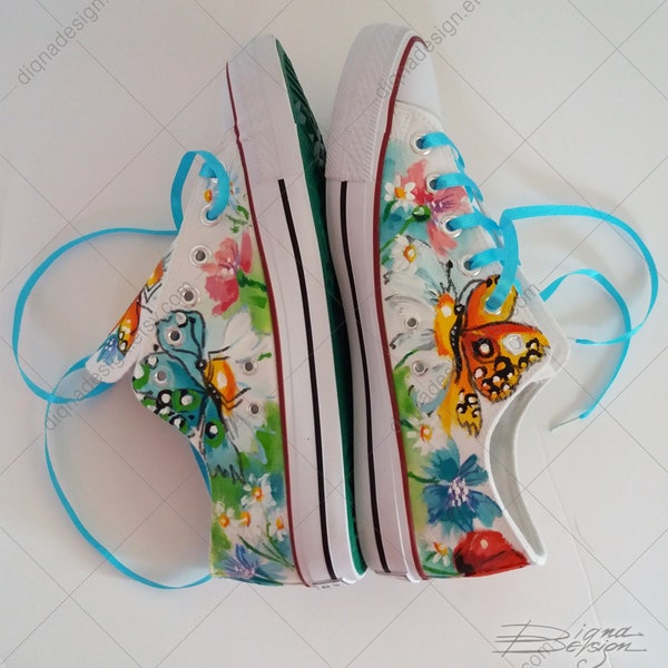 Butterfly Sneakers, Hand Painted Shoes, Flowers and Butterflies, Floral Sneakers, Butterfly Art, Handpainted Footwear, Butterflies Sneakers