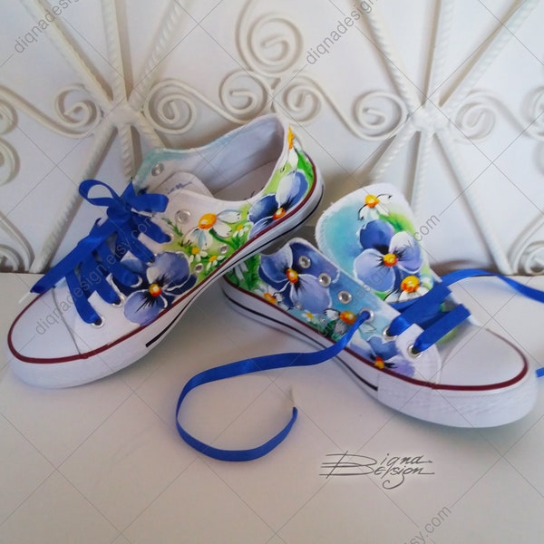 Violets Sneakers, Hand Painted Violets Shoes, Violets Art, Blue Violets Shoes, Handpainted Sneakers