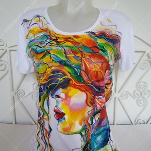 Custom Tshirt, Pop Art T-shirt, Art Clothing, Handpainted Shirt, Hand Painted T Shirt, Tshirt with a Woman, Colorful Art, Colorful Hair Top
