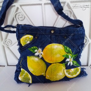 Lemons Bag, Handpainted Bag, Jean Bag, Hand Painted Lemon, Lemon Handbag, Lemon Art, Lemons jean Bag, Painted Bag, Lemons Art Womens Bag Art