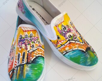 VENICE Art Slip Ons, Hadpainted Shoes, City Slip On Shoes, Hand Painted Feminine Shoes, Footwear With Landscape, HANDPAINTED Venice Shoes