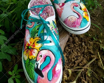 Tropical Hand Painted Sneakers, Flamingo Sneakers, Handpainted Aloha Shoes, Tropcal Shoes, Tropical Footwear, Tropical Flamingo Shoes