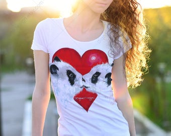 Pandas In Love Tshirt, Original Painting Print, Panda Shirt Print, Heart tshirt, T-shirt Print, Love t shirt, Heart Print, Shirt Print Panda