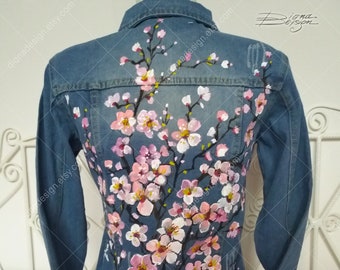 Cherry Blossoms Jean Jacket, Hand Painted Jacket, Jean Jacket Art, Sakura Jacket, Hanami Art, Handpainted, Hanami Denim Jacket, Painted Art