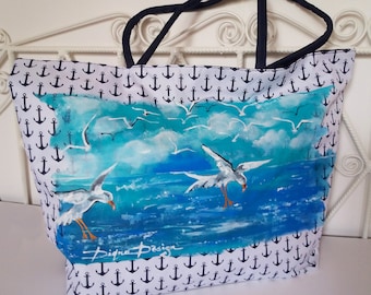 Sea Bag, Hand Painted Bag, Sea Handbag, Seagull Bag, Summer Handpainted Bag, Sea Art, Shoulder Bag Art, Handpainted Summer Bag Birds Bag Art