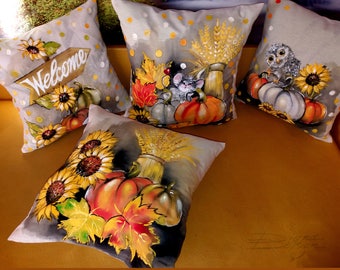 Funda de almohada de calabaza pintada a mano: decoración de girasoles otoñales