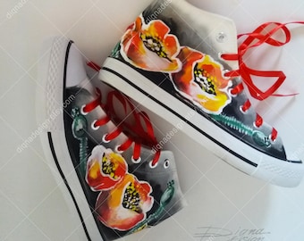 Handgeschilderde Hi-Top-sneakers met klaproos: bloemenkunstschoenen