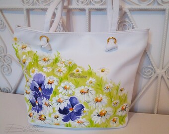 Violets and Daisies Bag, Hadpainted Summer Bag, Floarl Bag, Violets Handbag, Daisies Summer Bag, Handpainted Flowers Bag, Hand Painted Bag