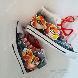 Poppy Hi Tops, Hand Painted Sneakers, Poppies Hi Top Shoes, Floral Sneakers, Handpianted High Tops, Poppy Sneakers, Footwear Art Poppy Shoes