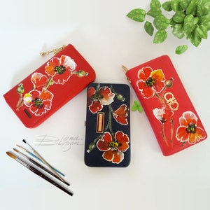Monedero pintado a mano, monedero de amapolas, billetera femenina pintada a mano, monedero de amapolas pintado a mano, funda para teléfono, funda para dinero, billetera de amapolas, arte