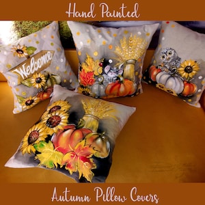 Pumpkin Pillow Covers, Hand Painted Pillow Cover, Autumn Decor, Sunflower and Pumpkin Pillow Case, Fall Pillow Art, Handpainted Pillow Cover
