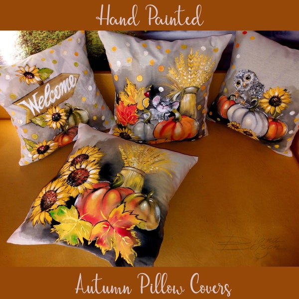 Pumpkin Pillow Covers, Hand Painted Pillow Cover, Autumn Decor, Sunflower and Pumpkin Pillow Case, Fall Pillow Art, Handpainted Pillow Cover